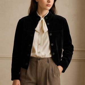 Vintage 80s 90s LizSport Micro Rib Cropped Velour Jacket Black Mock Neck L